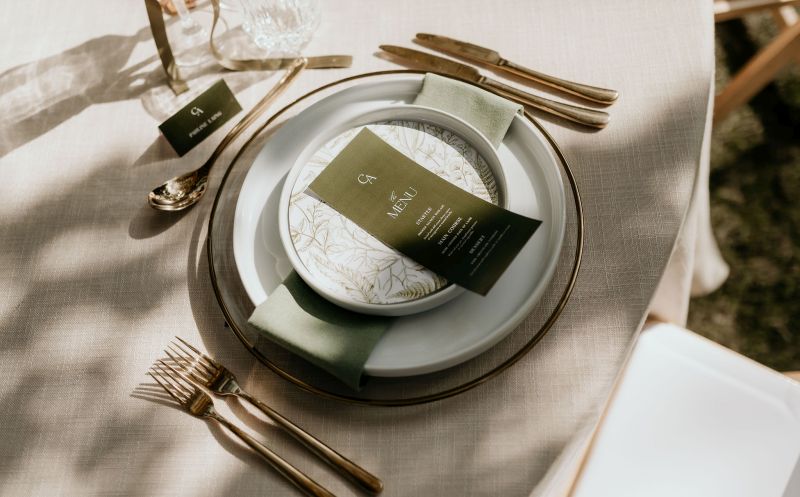 Modernist Chef Dinner Plate, Modernist Chef Side Plate, Bohemian Gold Cutlery, Frenchy Gold Rim Underplate, Ramie Frayed Olive Green Napkin